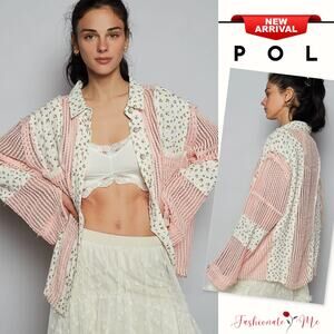 POL Boho Floral Pattern Crochet Patchwork Long Sleeves Oversized Shirt | Peach